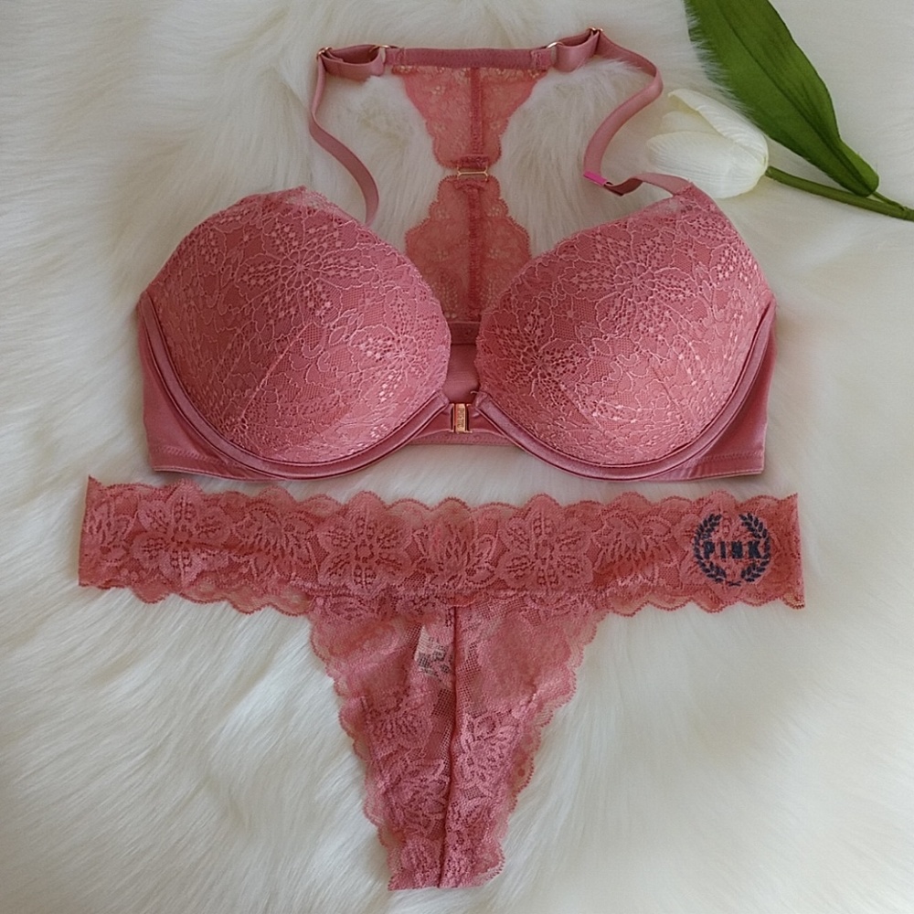 Size 36D🌺 PINK VS DATE PUSH-UP BRA + THONG L - Picture 1 of 8